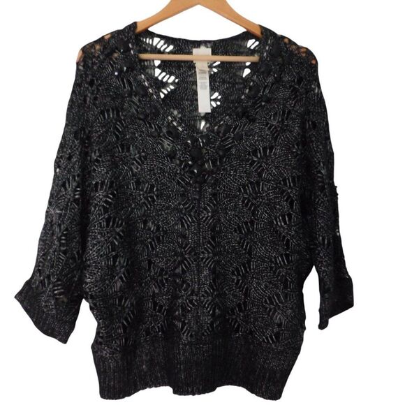 Chicos Size 2 Sweater Open Knit Black Gray Metallic Knit Elbow Sleeves Cover Up - Picture 1 of 7